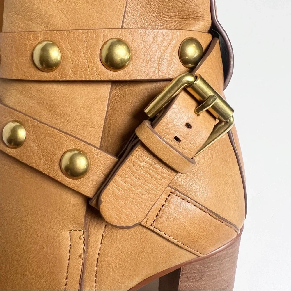 •SEE BY CHLOE• Janis Heeled Bootie in Brown Leather Gold Studded Size EU 35/US 5